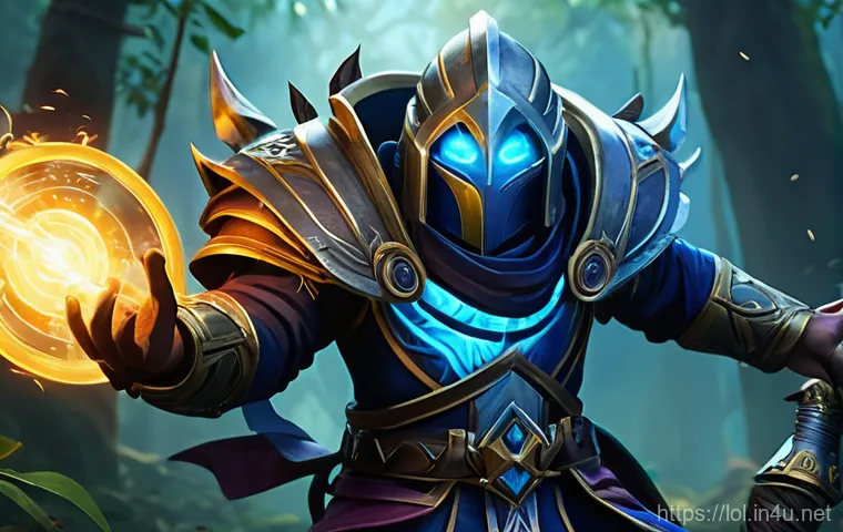 리그 오브 레전드 미니언 웨이브 관리 - **Mid-lane Minion Freeze with Jungle Tension:** A male mage champion from the blue team, dressed in ...