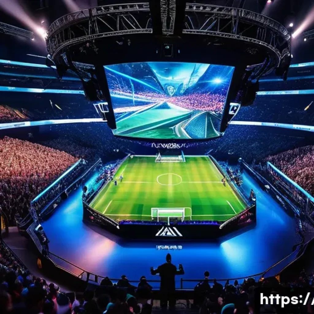 리그 오브 레전드 E스포츠 역사 - A dynamic esports stadium scene during a League of Legends World Championship match, featuring a mas...