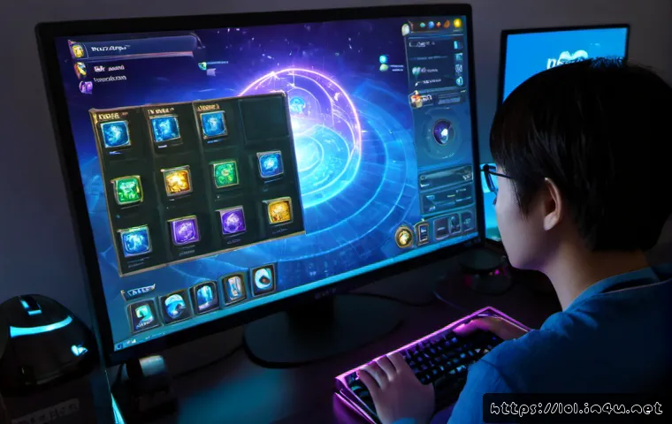 리그 오브 레전드 AP 챔피언 아이템 선택 - Photorealistic top-down gaming desk scene, focused adult player thoughtfully choosing glowing magica...