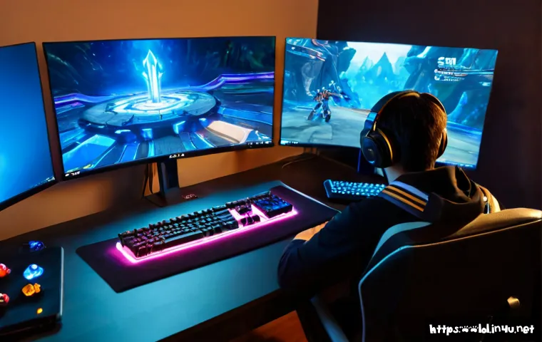 Home 15 리그 오브 레전드 아이템 최적화 가이드 - Photorealistic esports gaming desk at night, focused adult player viewed from behind studying a colo...