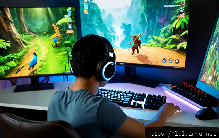 Home 15 LOL 정글 챔피언 추천 - Photorealistic gaming desk scene, focused young adult player wearing headphones choosing between thr...
